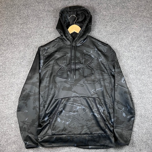 Under Armour Hoodie Jacket Mens M Black Camo Pullover Embossed Logo - Picture 1 of 11